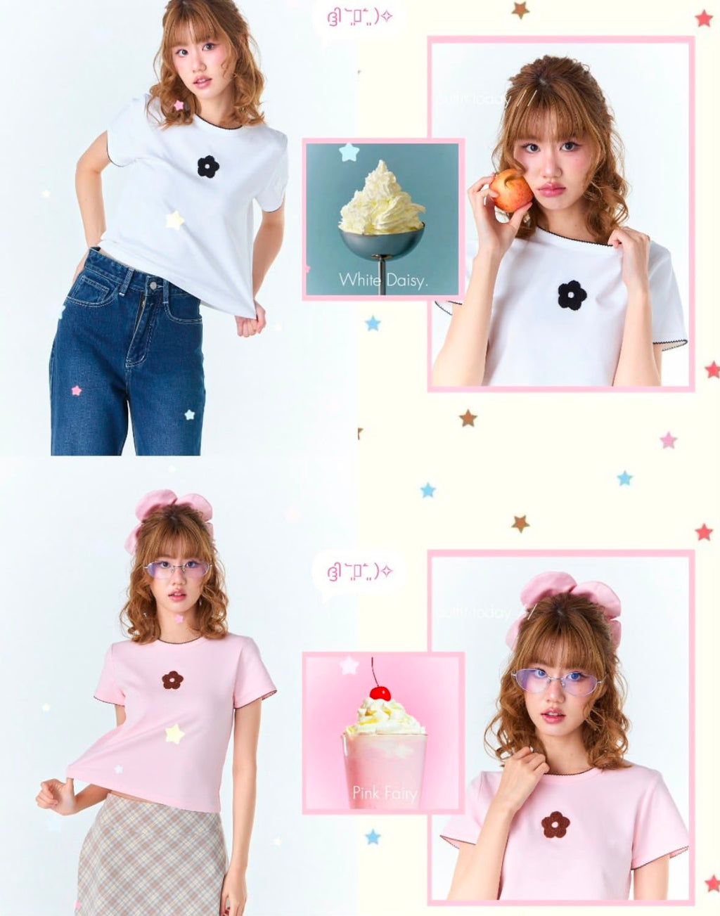 ♡預訂♡ 質感刺繡花花拼色邊修身TEE